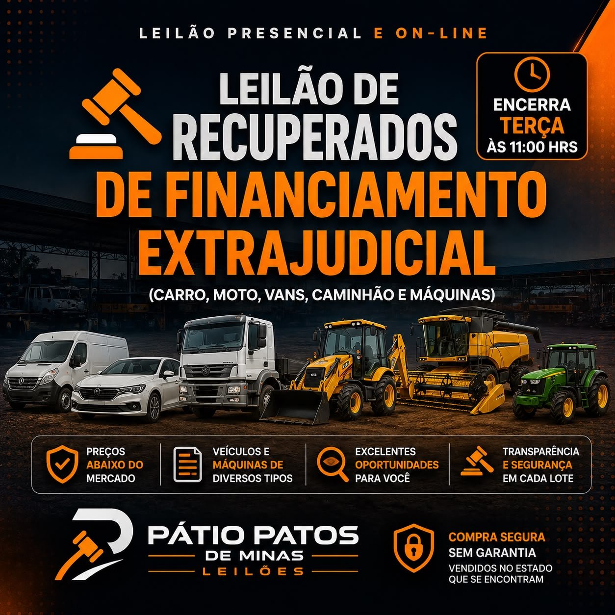 Visitação: Terça-feira, das 08h00 às 10h00 - (Antes do encerramento do leilão)